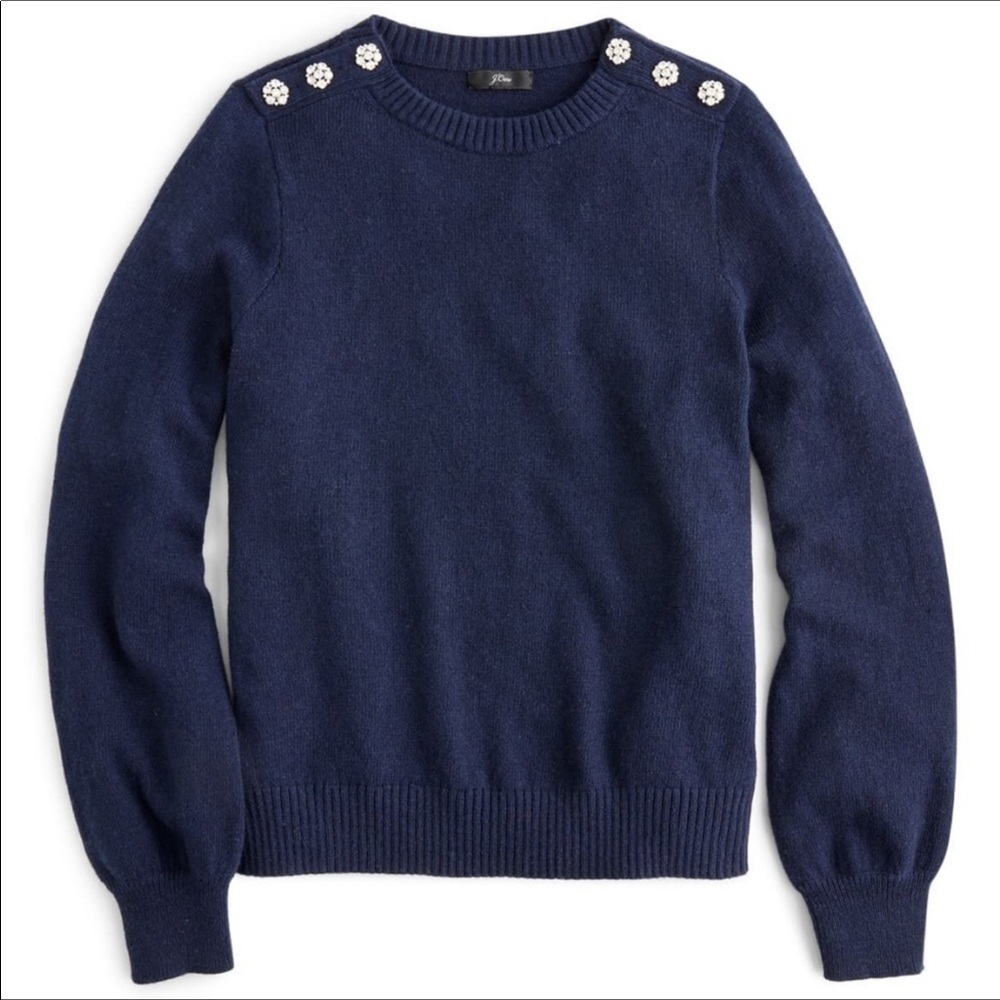 J Crew Jewel Sleeve Shoulder Wool Sweater Top Blouse Navy Blue Pullover Cozy NWT